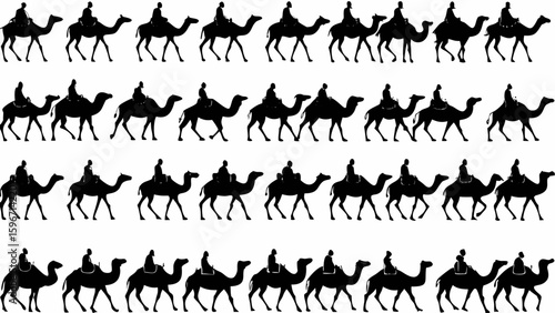 Silhouette pattern featuring multiple rows of camels carrying riders in a repeating design format image