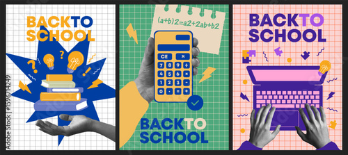 Back to school halftone collage elements set. Trendy collage with halftone hand holding calculator, laptop, books stack and school supplies. Vector illustration