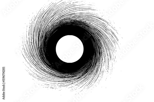 Abstract swirl of black lines converging around a central white circle in a dynamic composition