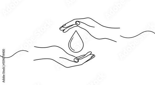 Minimalist line art of hands holding a water drop