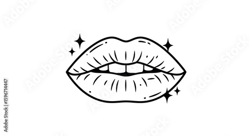 Monochrome pop art style lips with twinkle stars on white background
