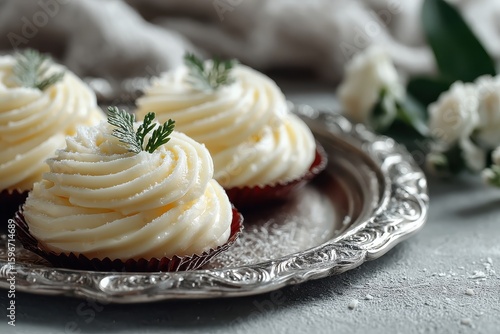 Cupcakes with Whipped Cream Frosting Styled Like Beautiful Rose Flowers on Silver Tray