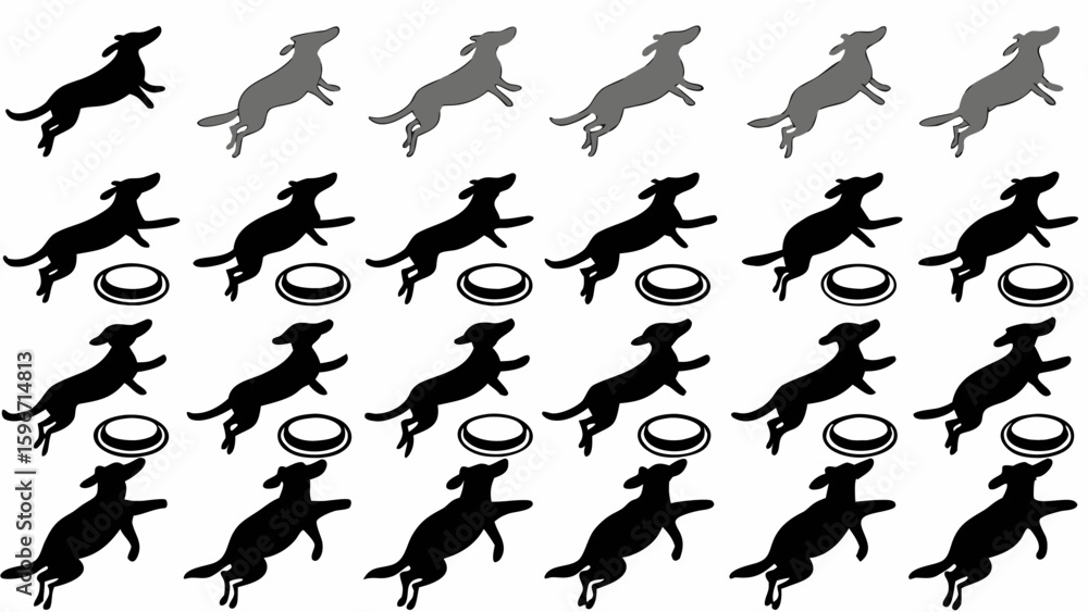 Pattern of leaping dogs in black and gray with dog bowls on a white background in a repeating design Pattern of leaping dogs in black and gray with dog bowls on a white background in a repeating design