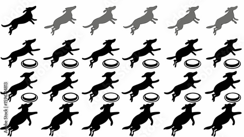 Pattern of leaping dogs in black and gray with dog bowls on a white background in a repeating design