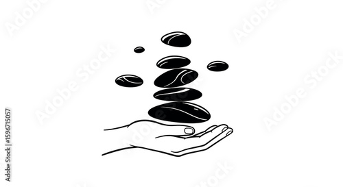 Zen balance: hand holding stacked stones in minimalist design