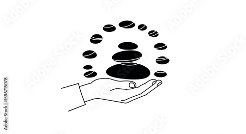 Minimalist hand holding pebbles encircled by floating stones in balance concept