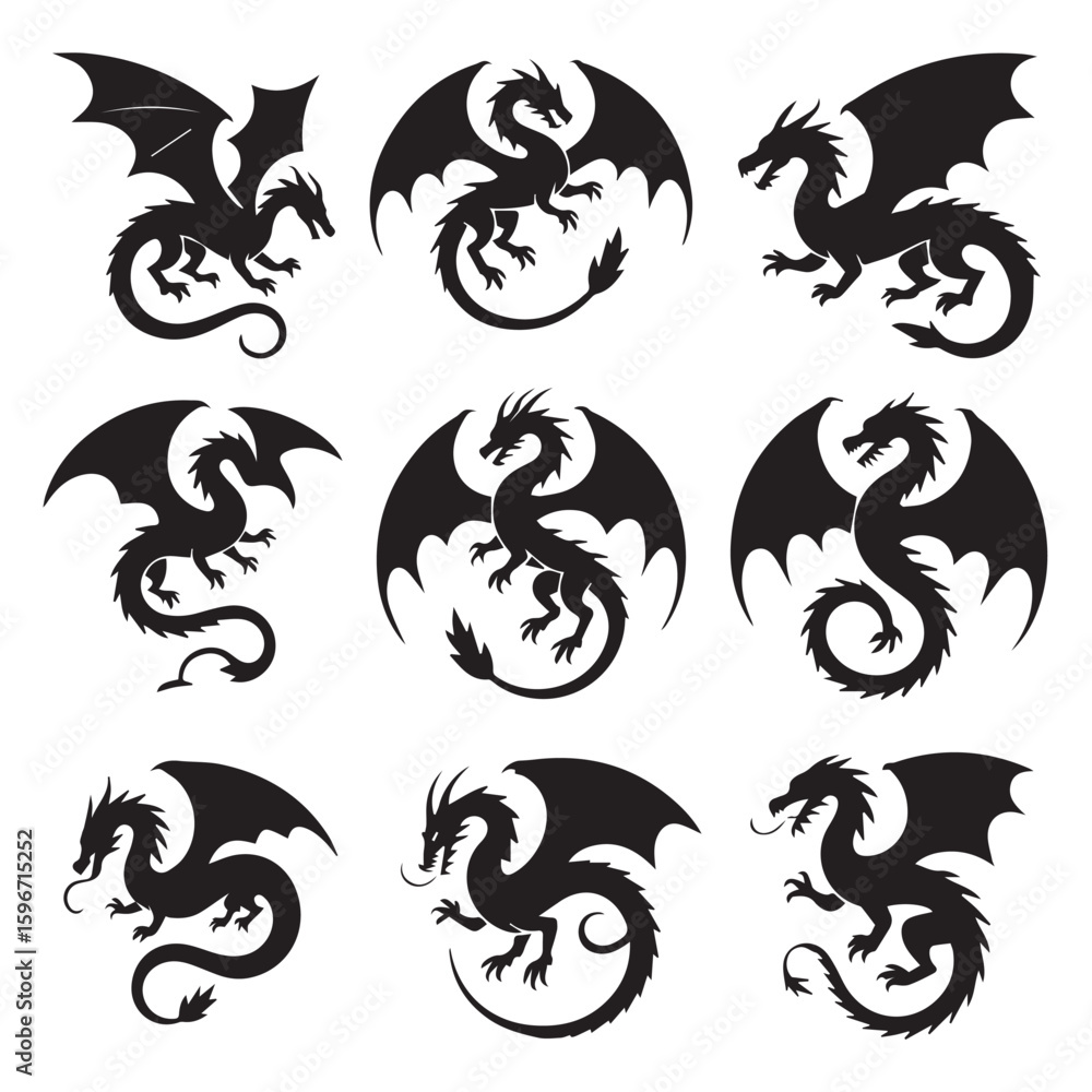Fototapeta premium Vector art of a set of nine black dragon silhouettes isolated on white background