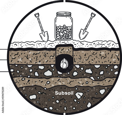 Layered soil diagram with subsoil and tools for gardening analysis