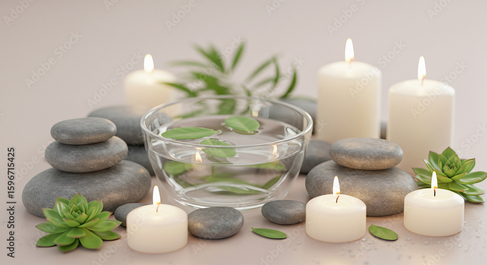 Spa arrangement with candles, stones and water bowl Spa arrangement with candles, stones and water bowl