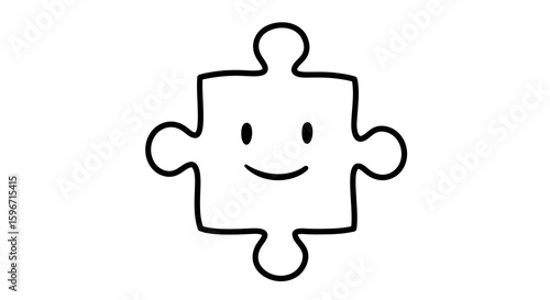 Smiling puzzle piece character with black outline on white background