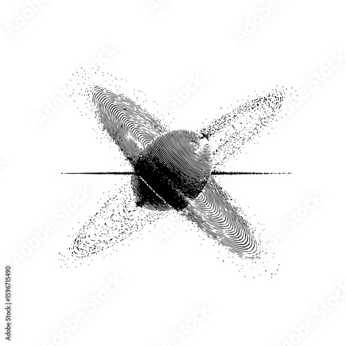 Abstract monochrome image featuring a central sphere with radiating textured elements and a line intersecting it