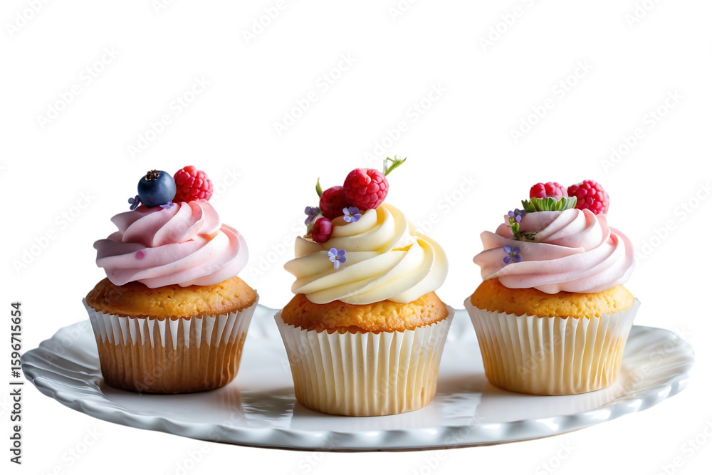 Three cupcakes with frosting and berry decoration