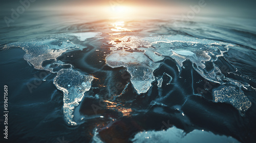 Digital world map overlay on an open ocean with sunrise reflection, sci-fi mood