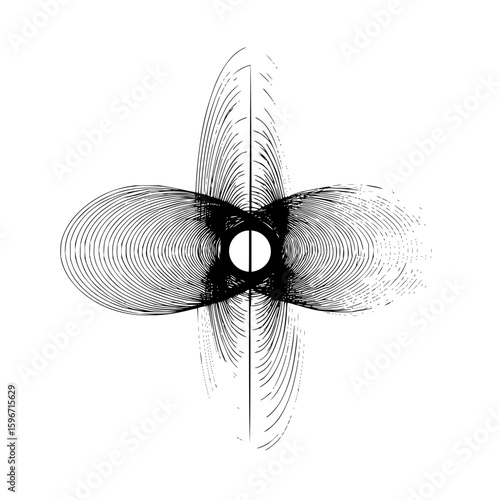 Abstract monochrome artwork featuring concentric ellipses and radial lines around a central circle