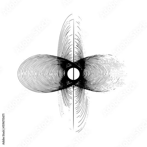 A complex abstract design featuring intersecting lines and curves around a central circle element focus