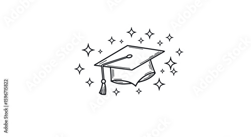 Graduation cap with sparkles in hand-drawn style celebrating achievement
