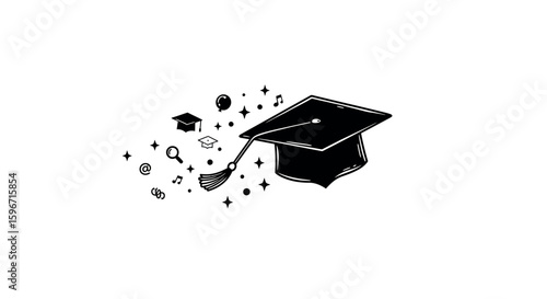 Graduation cap with icons celebrating academic achievement and success