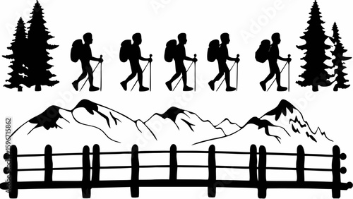 Silhouetted hikers with backpacks and walking sticks against mountains and trees landscape view scene