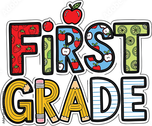 Colorful illustrated first grade back to school design with fruits and pencil details