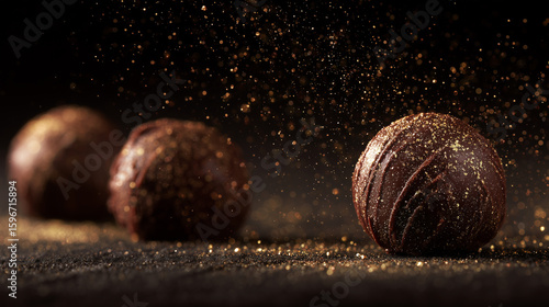 Close-up of luxury chocolate truffles on black velvet with gold dust particles floating