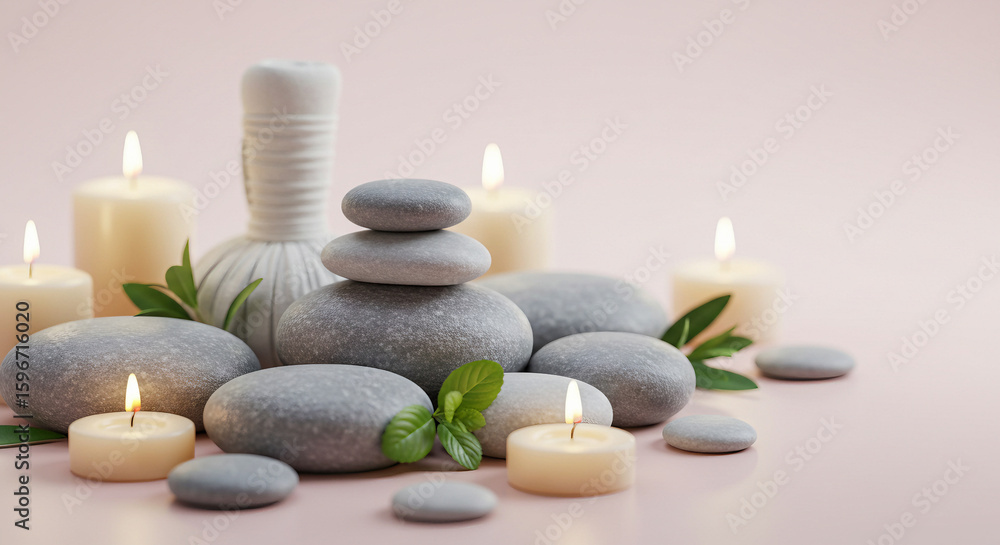 Spa still life with zen stones, burning candles and massage herbal bag on pastel background Spa still life with zen stones, burning candles and massage herbal bag on pastel background