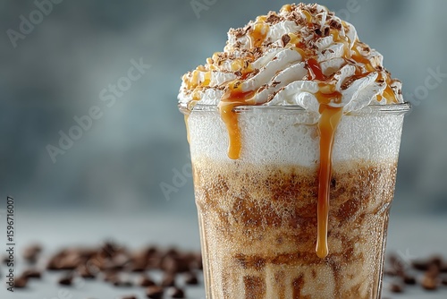 Iced Caramel Macchiato with Thick Whipped Cream and Drizzling Caramel Sauce