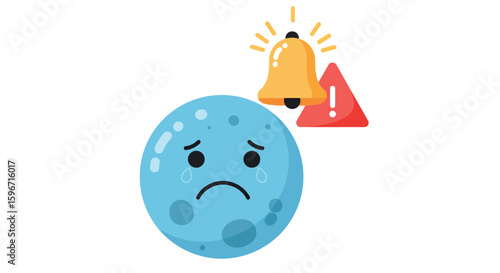 Sad moon emoji with alert symbol and warning sign in flat design