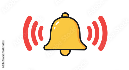 Flat style yellow notification bell with red sound waves on white background