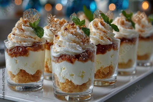 Elegant Dessert Shooter Glasses Filled with Mousse and Whipped Cream Topped with Garnishes