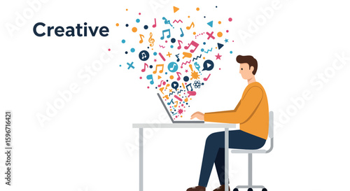 Creative inspiration flow from laptop user with vibrant icons