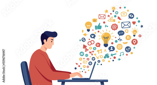 Creative man typing on laptop surrounded by social media and communication icons