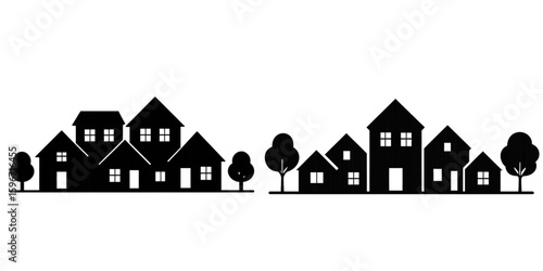 Silhouette of two residential areas with houses and trees in a row on transparent background