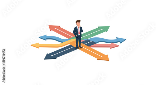 Businessman at crossroads deciding between multiple directions concept