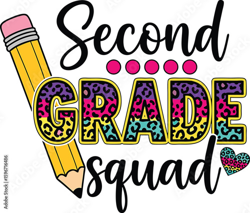 Colorful second grade squad design featuring pencil and animal print school theme