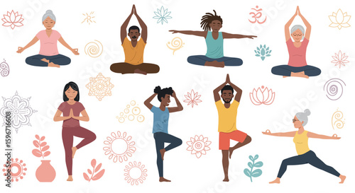 Diverse yoga poses and meditation symbols in flat style