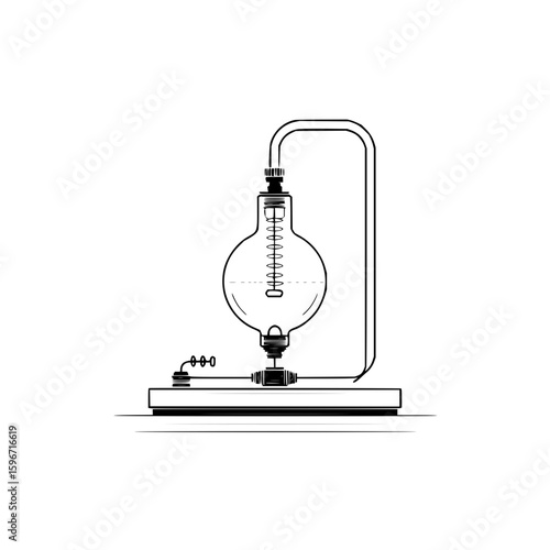 Illustration of a vintage light bulb with a visible filament and connected piping on a rectangular base