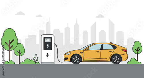 Electric car charging at station with city skyline in flat design