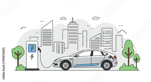 Electric car charging in eco-friendly urban setting with line art style