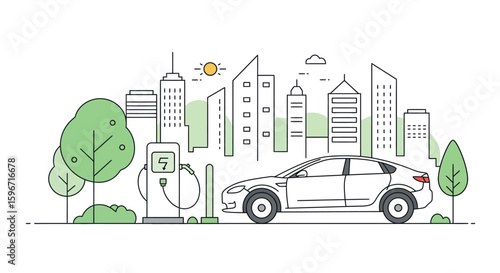 Electric car charging in cityscape with eco-friendly urban skyline in linear style
