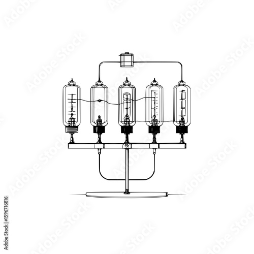 Illustration of a vintage vacuum tube amplifier with five tubes and connecting wires in black and white