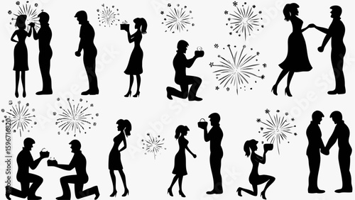 Silhouettes of couples proposing and celebrating with fireworks on a white background design element
