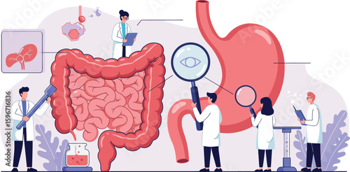 Gastrointestinal health concept with medical team and digestive system diagrams in a flat design