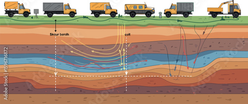 Geothermal exploration process with seismic trucks and subsurface layers diagram