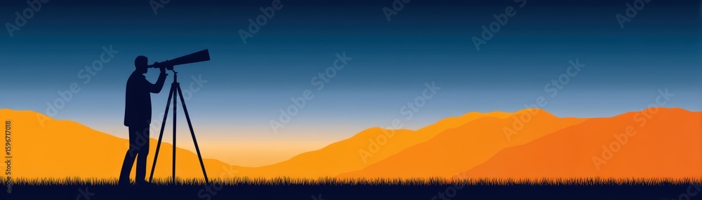 Obraz premium Person Observing Stars with Telescope at Sunset Horizon