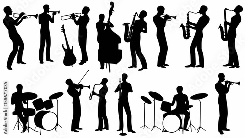 Silhouette illustrations of musicians playing various instruments in a band performance scene