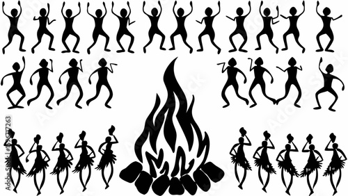 Silhouette figures dancing around a bonfire in a tribal or indigenous style illustration art design