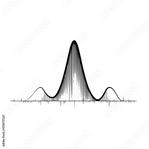 A graphical representation of a wave form with a prominent central peak and smaller side peaks shown