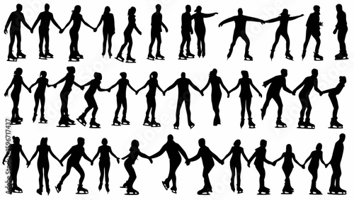 Silhouette of people ice skating holding hands in a group on the ice rink together in winter time fun