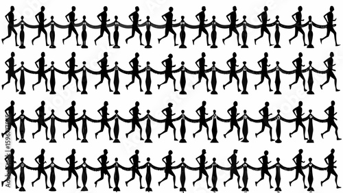 Repeating pattern of silhouetted runners separated by elegant rope barriers in a monochrome design
