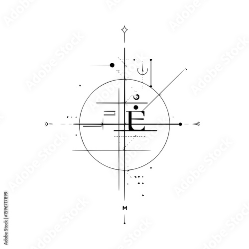 Abstract design featuring the letter e centered within a circle with geometric lines and dot accents artfully arranged